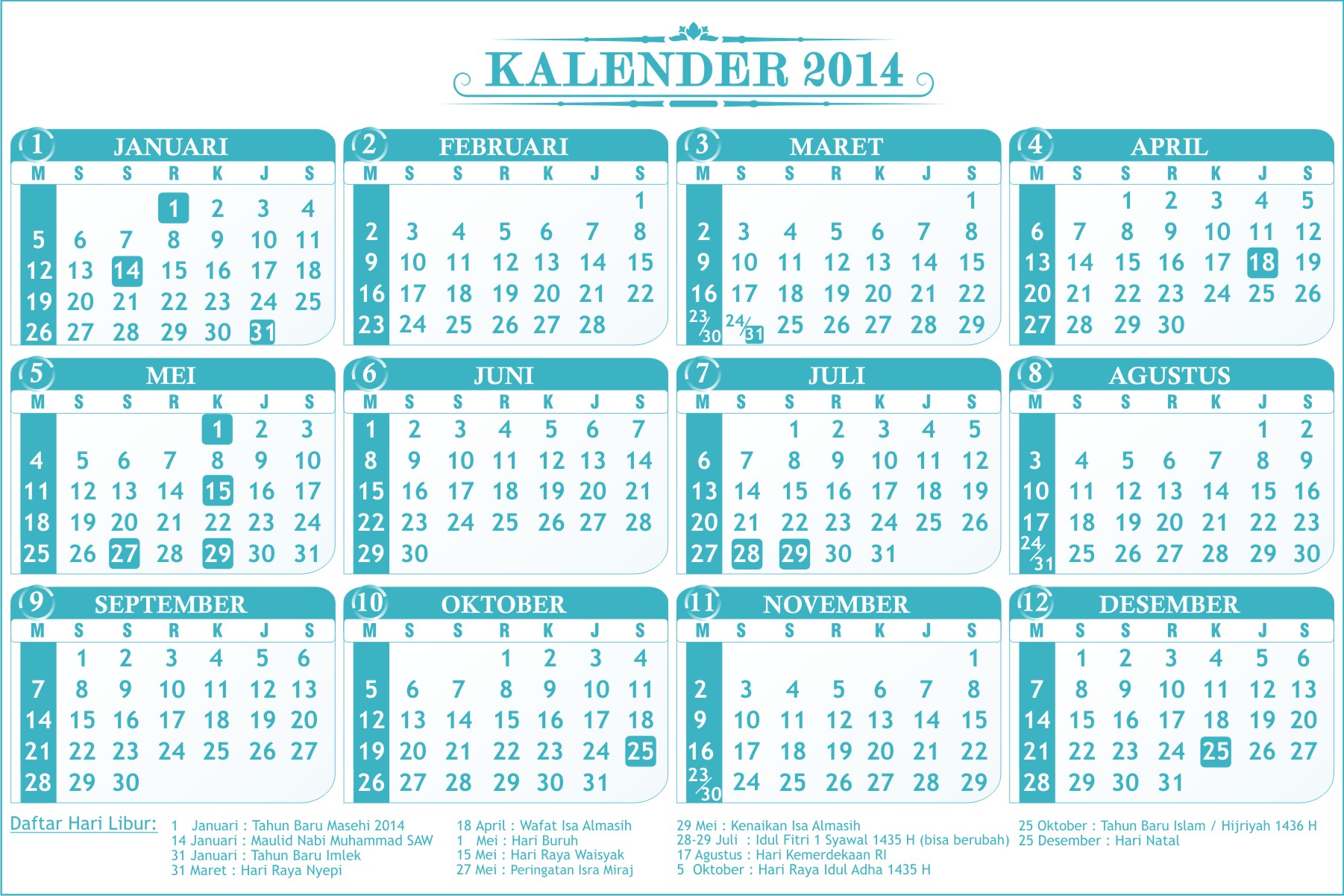 Kalender 2014 Indonesia Lengkap Hari Libur